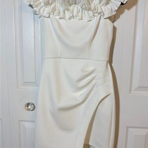 Elegant Asymmetrical Cream Dress Sz 4 with Ruffled Neckline. EUC CS